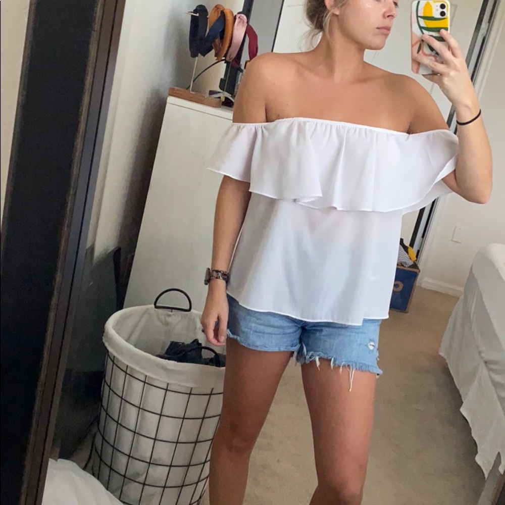 Show me your mumu off the shoulder ruffle shirt